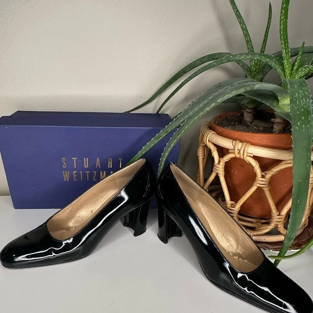 VTG Stuart Weitzman Lex Black Patent Leather Pumps 7.5 AA Block Heel Square Toe - Picture 5 of 15